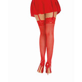 Dreamgirl Red Thigh High Fishnet Stockings with Lace Top Detail Hosiery